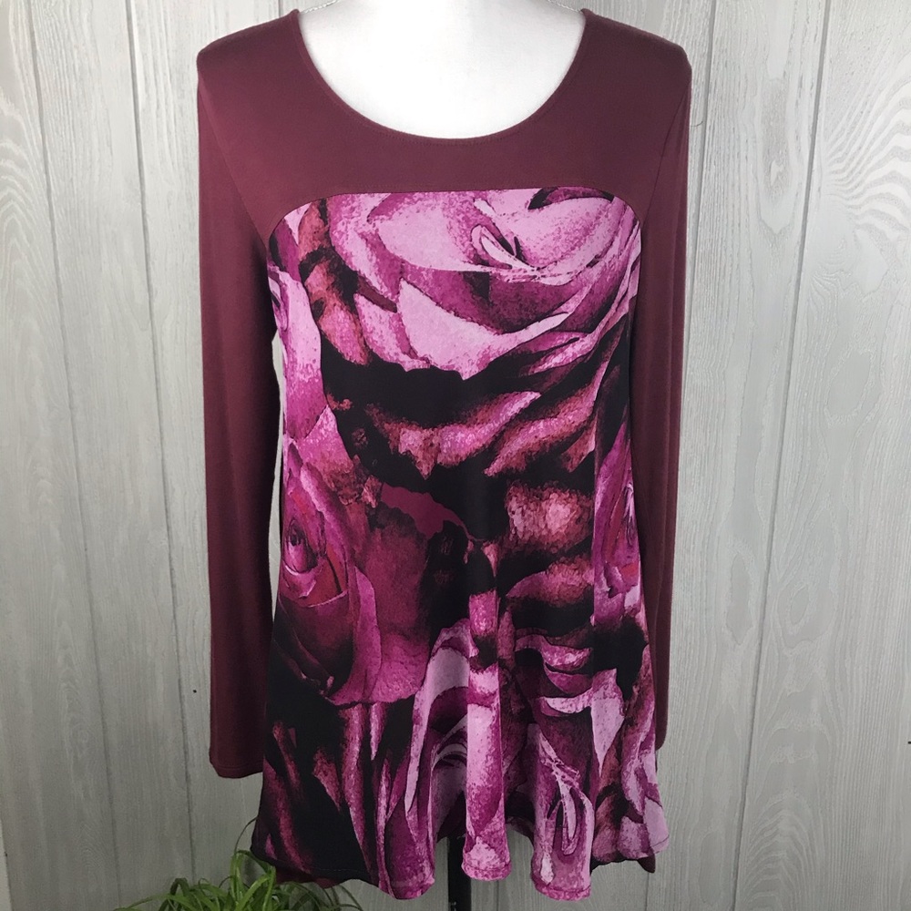 LOGO by Lori Goldstein floral high low hem long sleeve casual tunic top